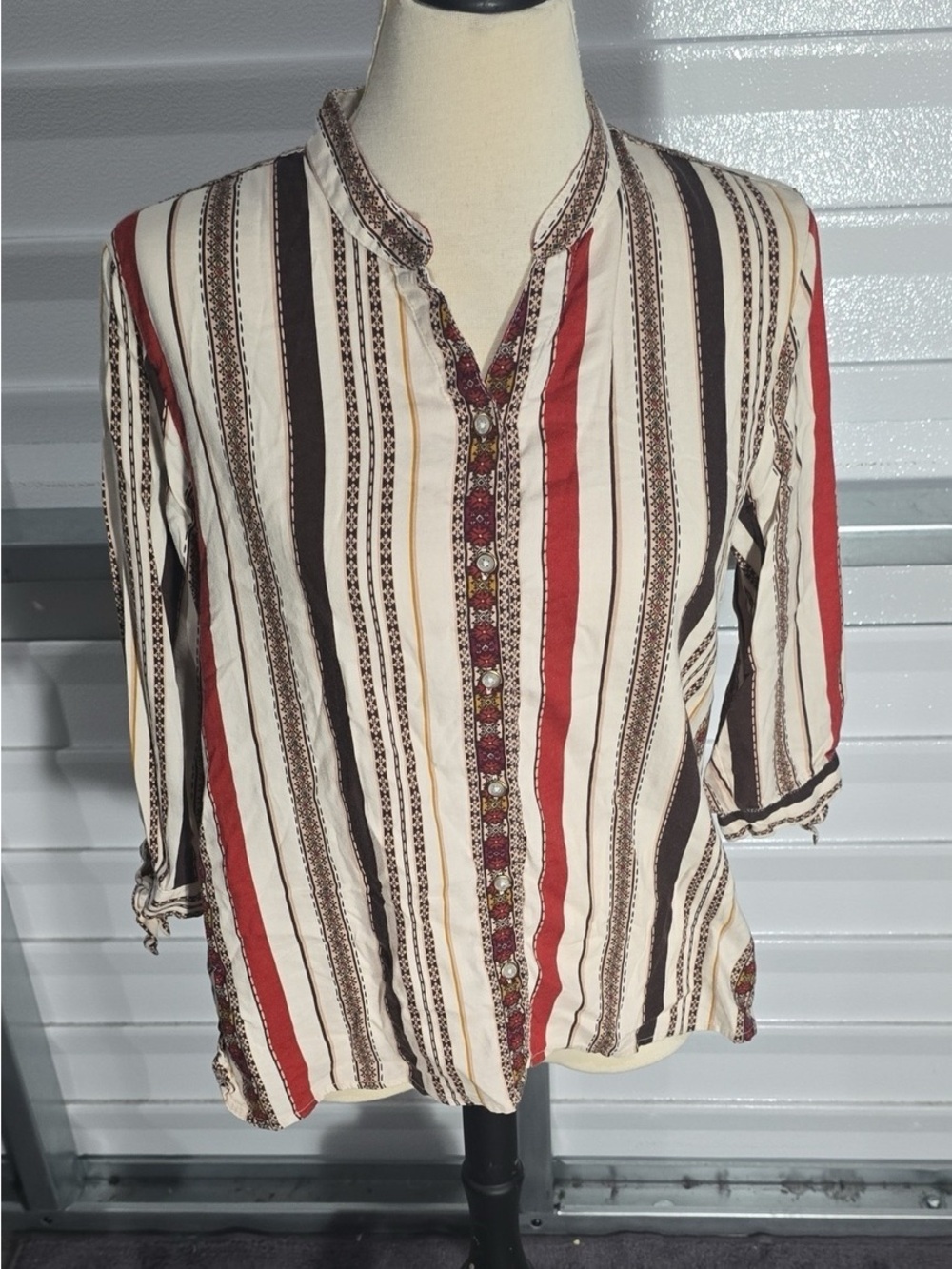 Striped Henley Blouse in Cream, Red & Brown